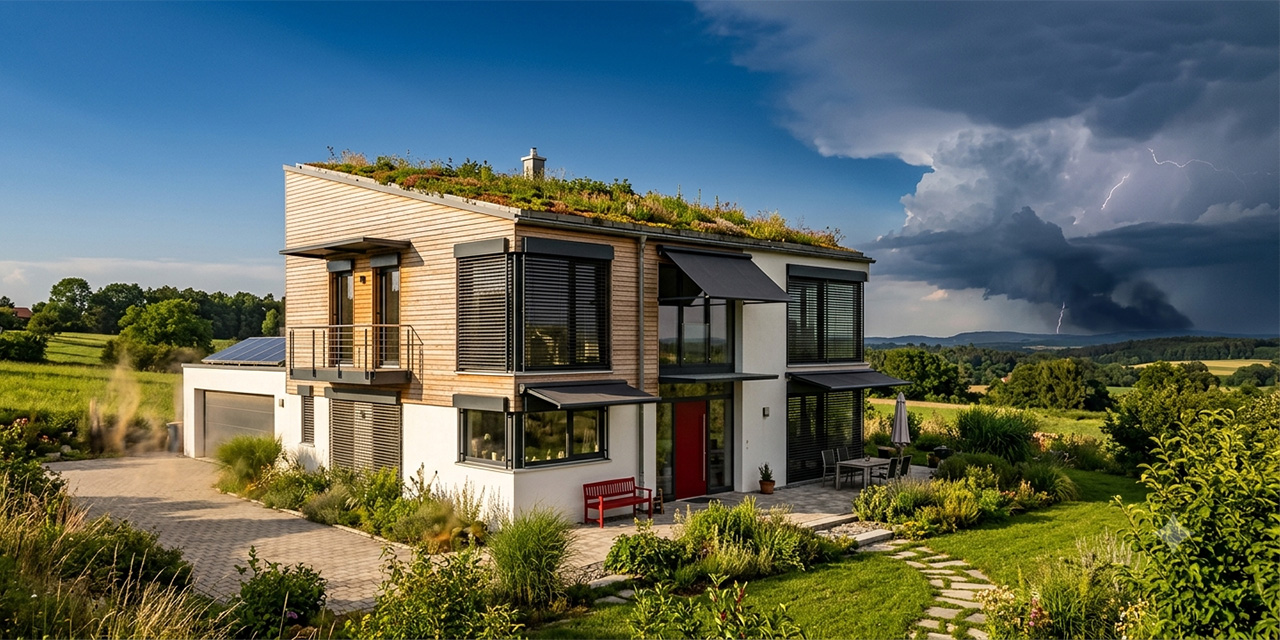 wohnhaus in der sommerhitze mit verschattung und aufziehender unwetterfront – symbolbild klimawandel und gebäudeenergieberatung